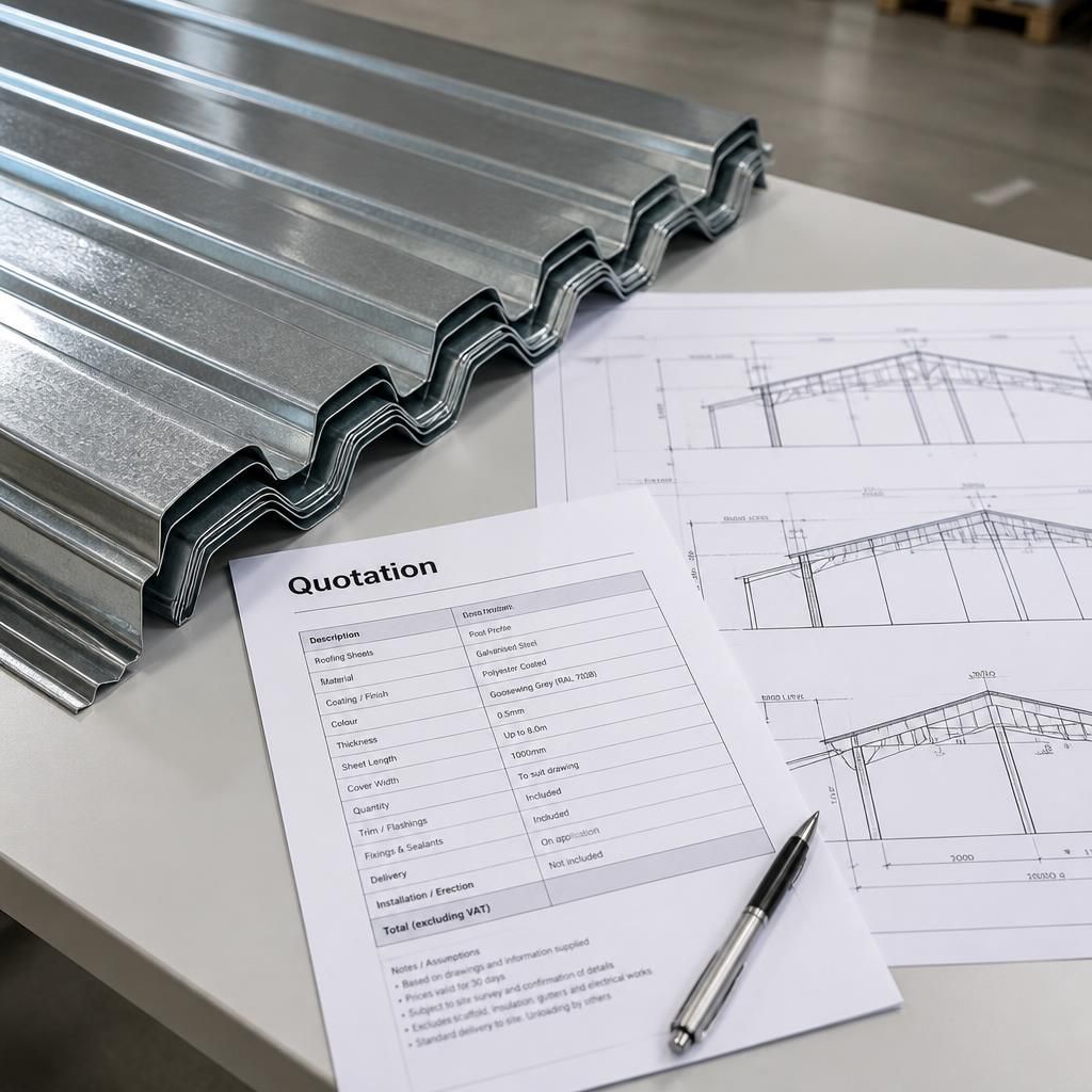 Galvanised roofing sheets beside a printed quotation and technical specification drawings