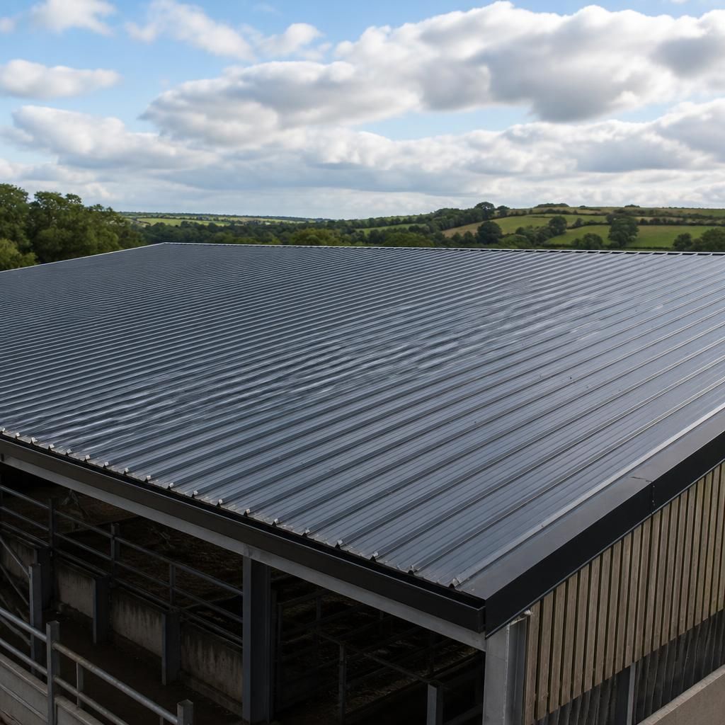 Low-pitched agricultural roof fitted with overlapping profiled metal sheets