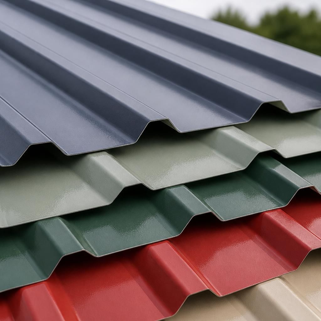 Close-up of coloured coated steel roofing sheets with overlapping profiled panels