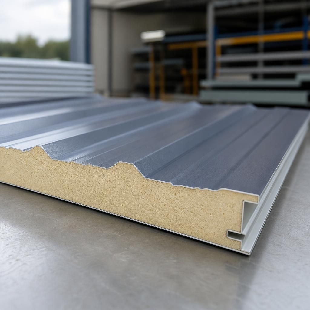 Cross-section showing an insulated roofing panel with steel skins and an internal insulation core