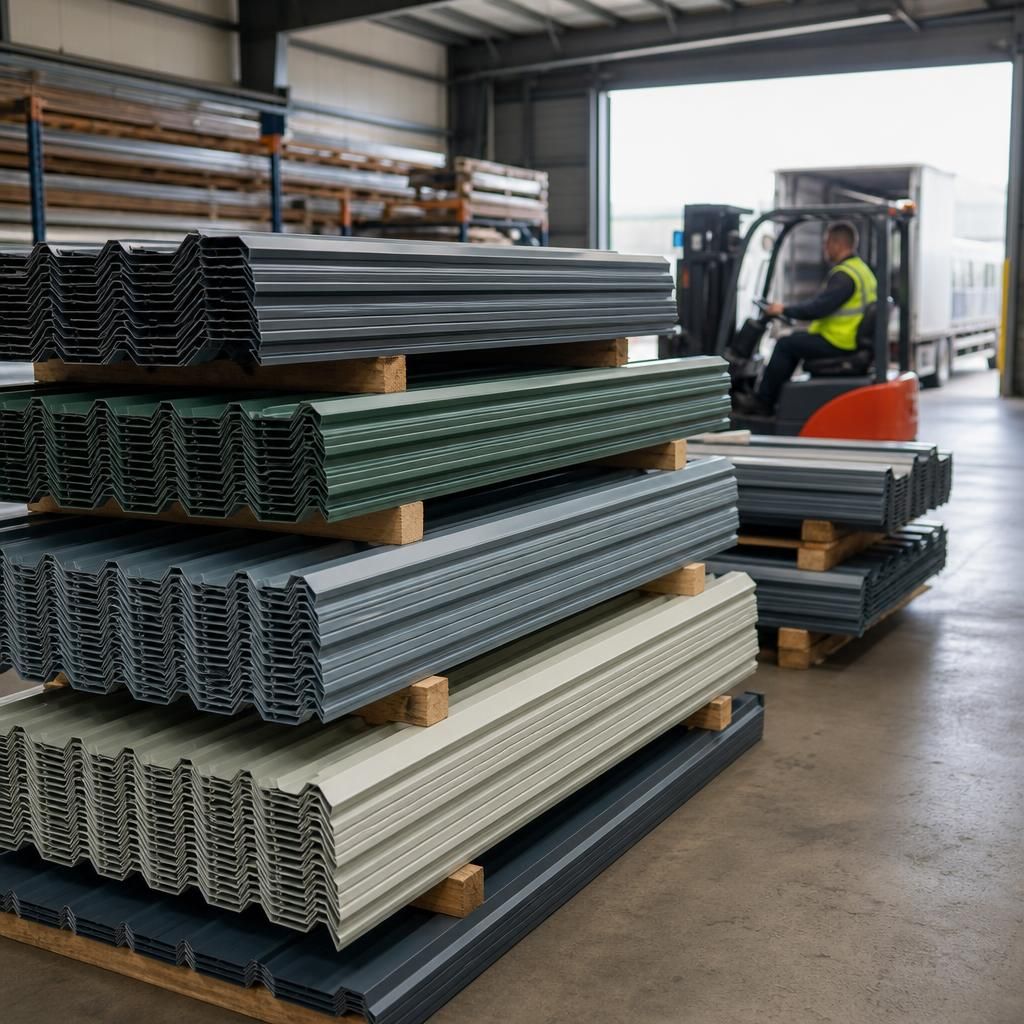 Stacked steel roofing sheets prepared for delivery in different order quantities