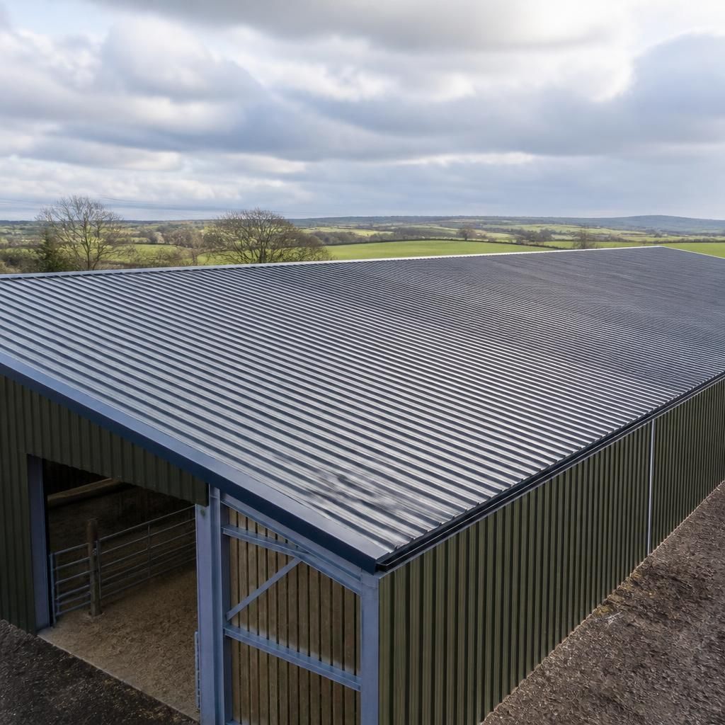 Single-skin steel roof sheets fitted to an agricultural building frame