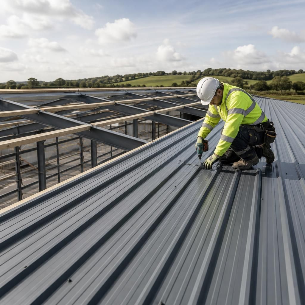 Profiled steel roof sheets fitted to an agricultural building frame