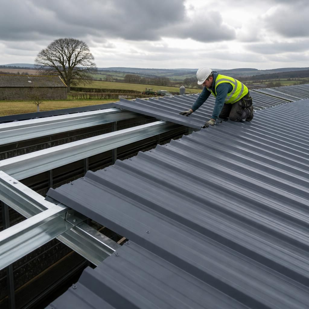 Profiled steel roof sheets fitted over purlins on an agricultural building