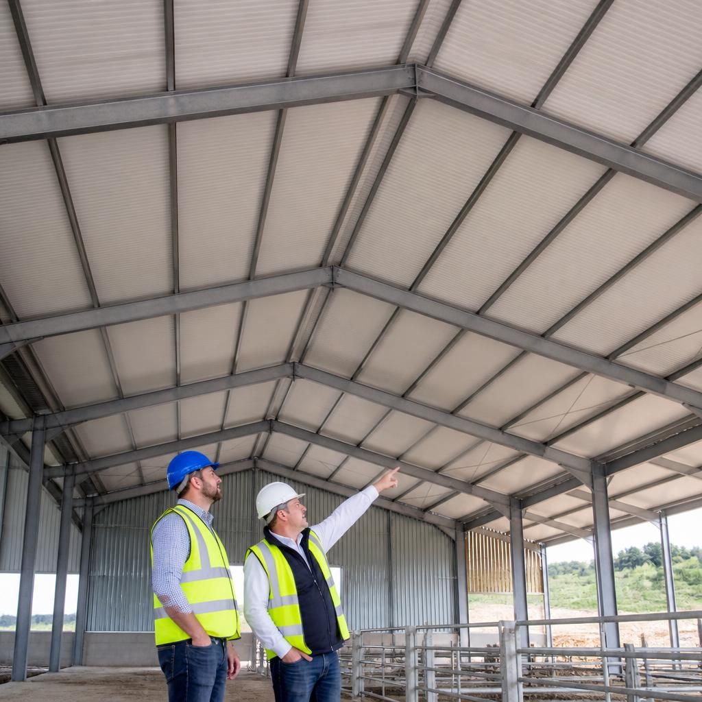 Insulated steel roof panels fitted over a steel-framed agricultural building
