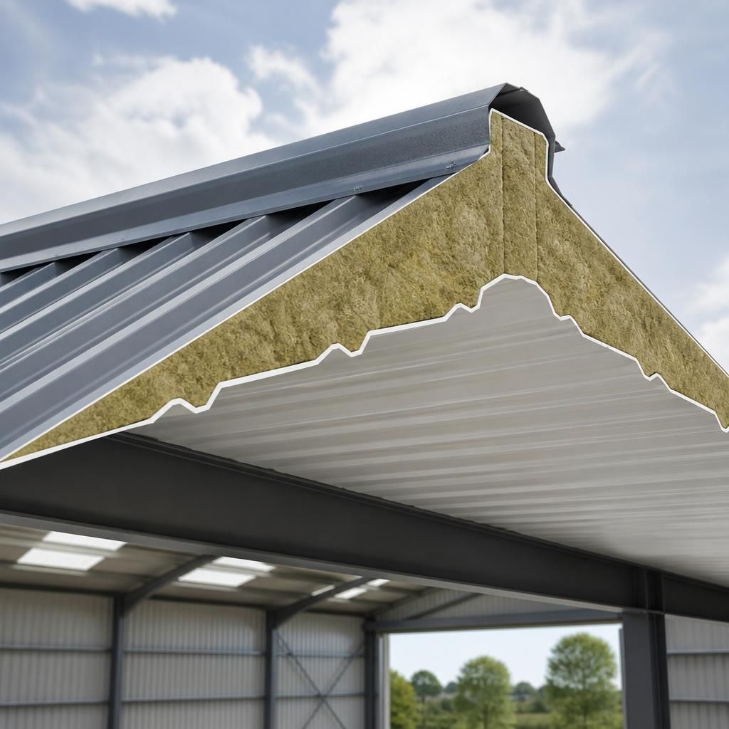 Cross-section of a liner-panel roof showing insulation, internal lining and outer steel sheet