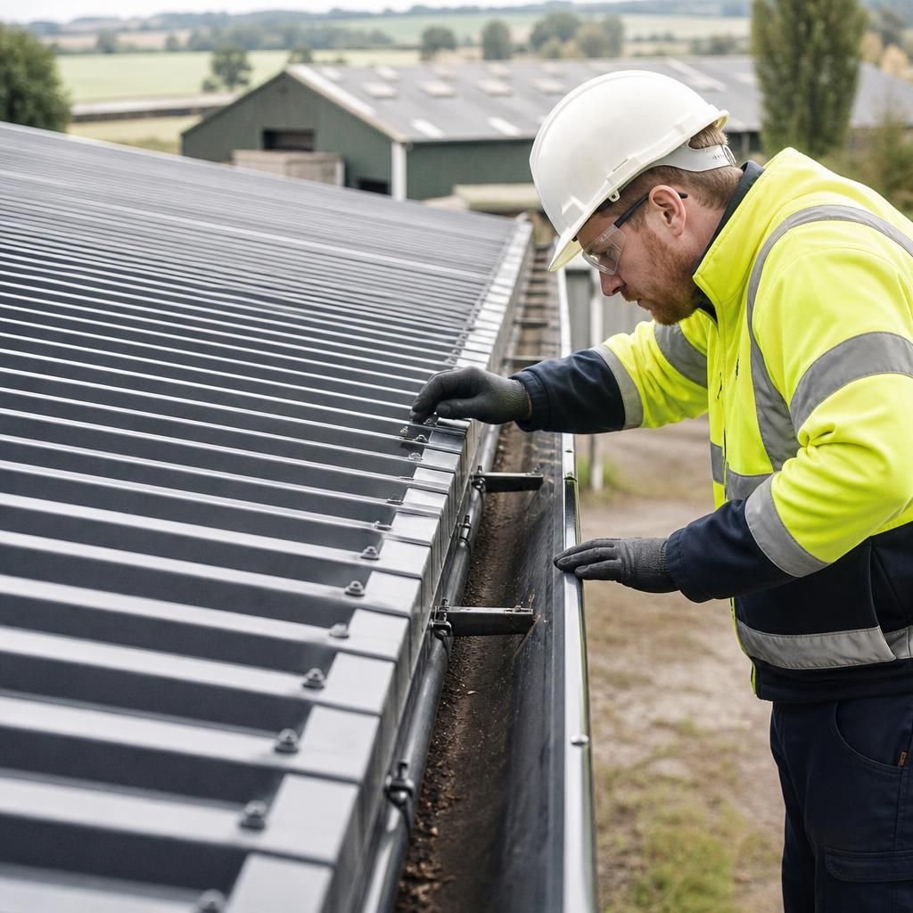 Worker inspecting gutters and fixings on a profiled steel roof