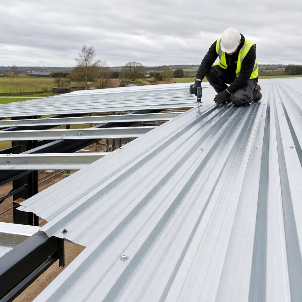 Steel roofing sheets fitted over the purlins of an agricultural building