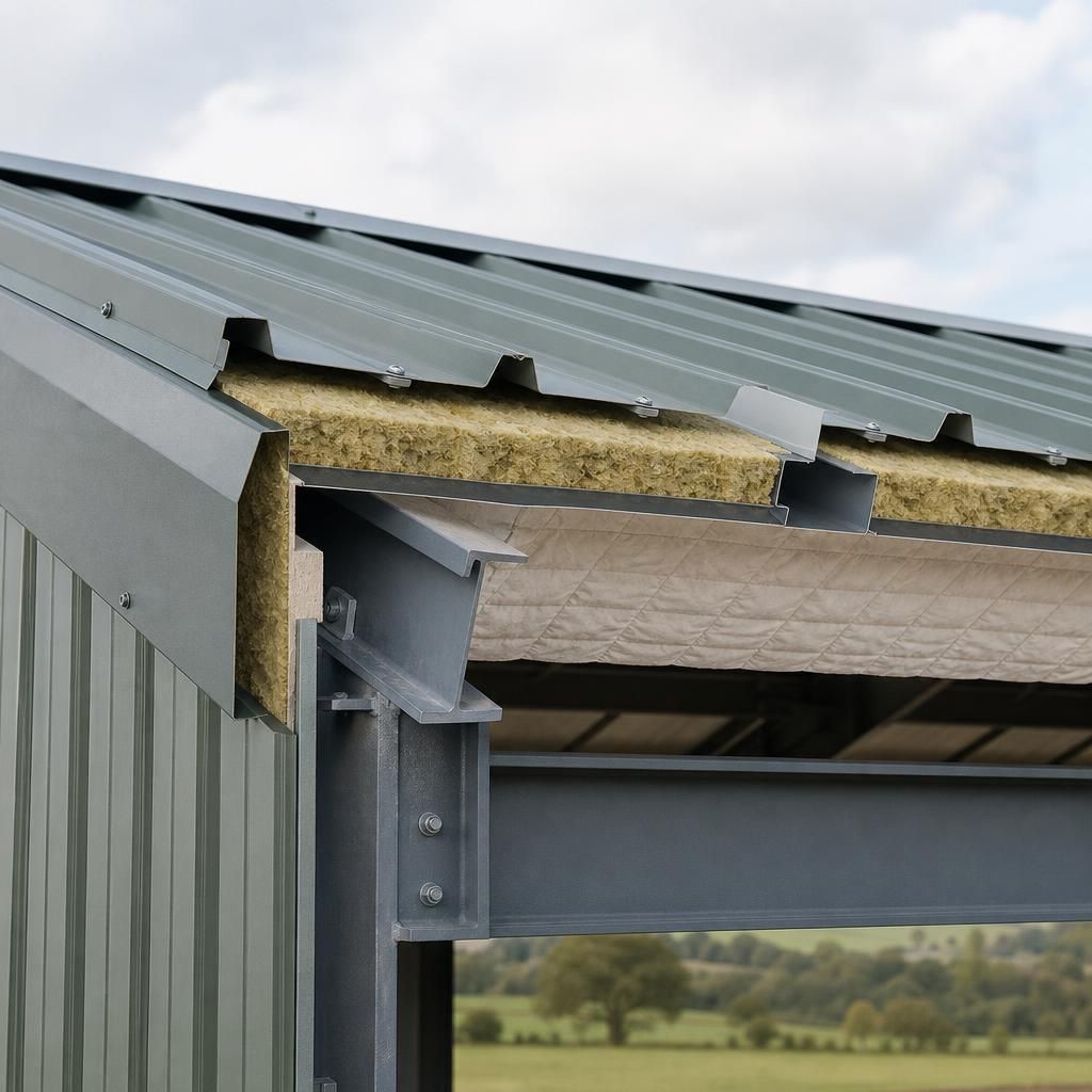 Cross-section of a steel roof showing profiled sheets, insulation, liner and purlins