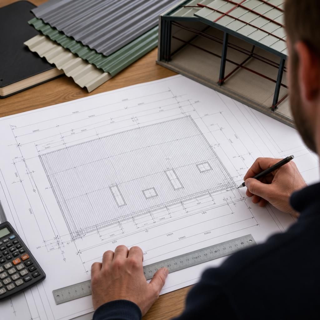 Marked-up roof plan showing sheet layout, dimensions and roof openings
