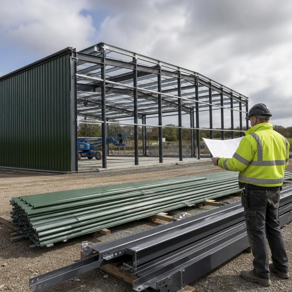 Steel shed frame and cladding panels at a construction site
