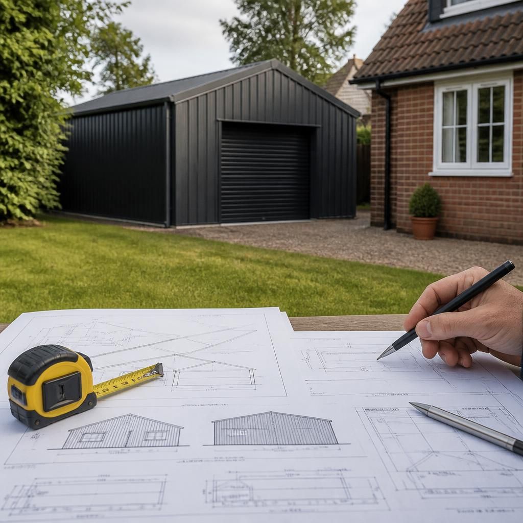 Steel shed beside a house with boundary lines and planning drawings