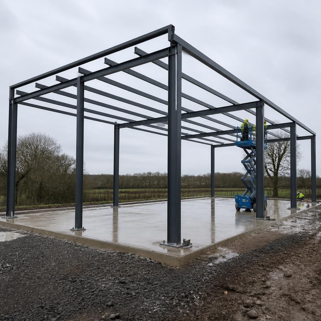 Steel carport frame being assembled on a prepared site