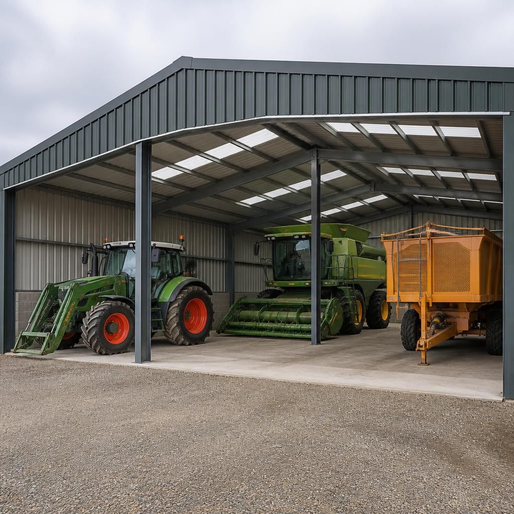 Tractor and farm machinery stored beneath a freestanding steel carport
