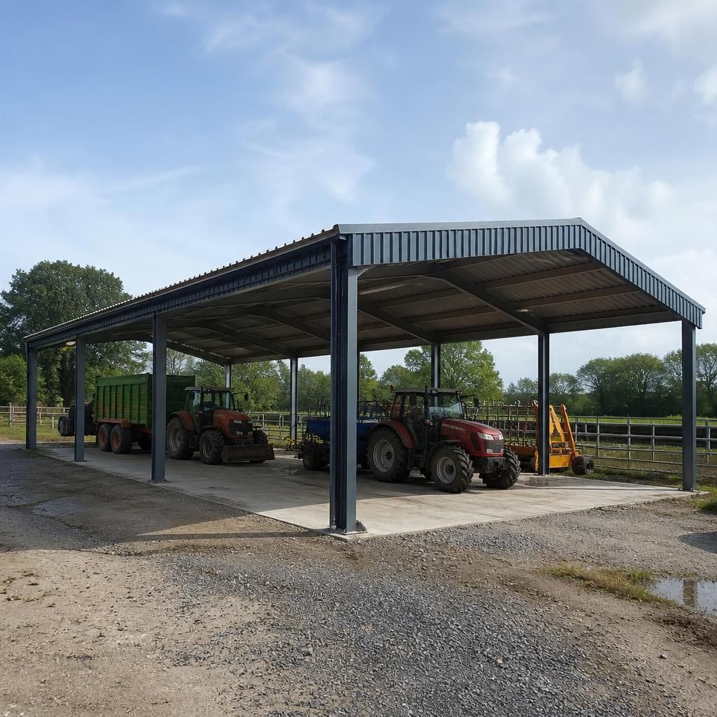 Steel carport structure with open sides, roof panels and supporting posts