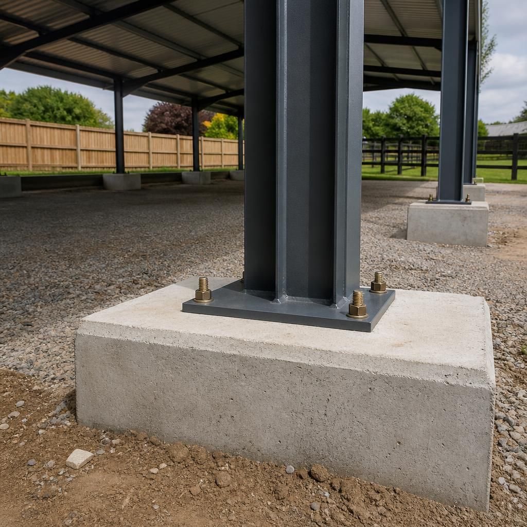 Steel carport columns fixed to reinforced concrete foundation pads