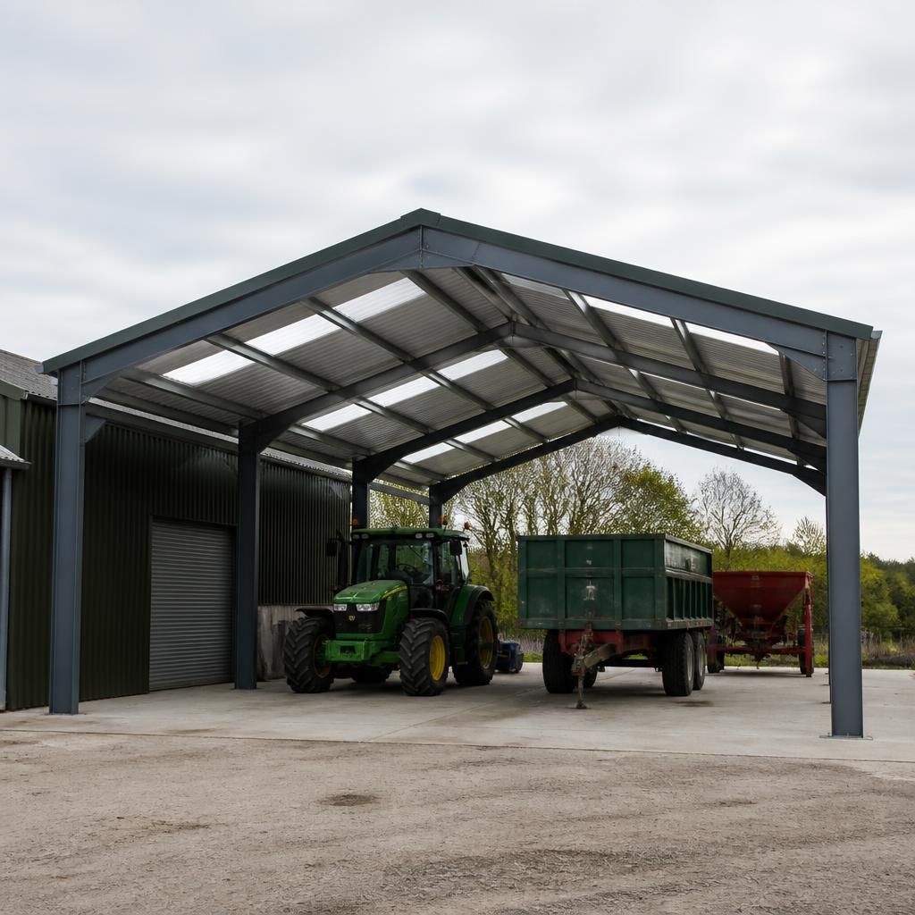 Freestanding steel carport with a dual-pitch roof beside an agricultural building