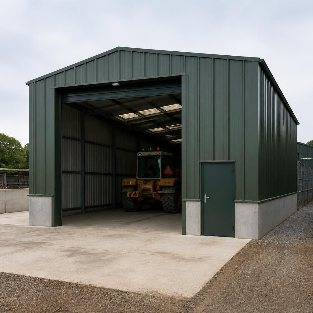 Steel security shed with a wide vehicle entrance and separate personnel door