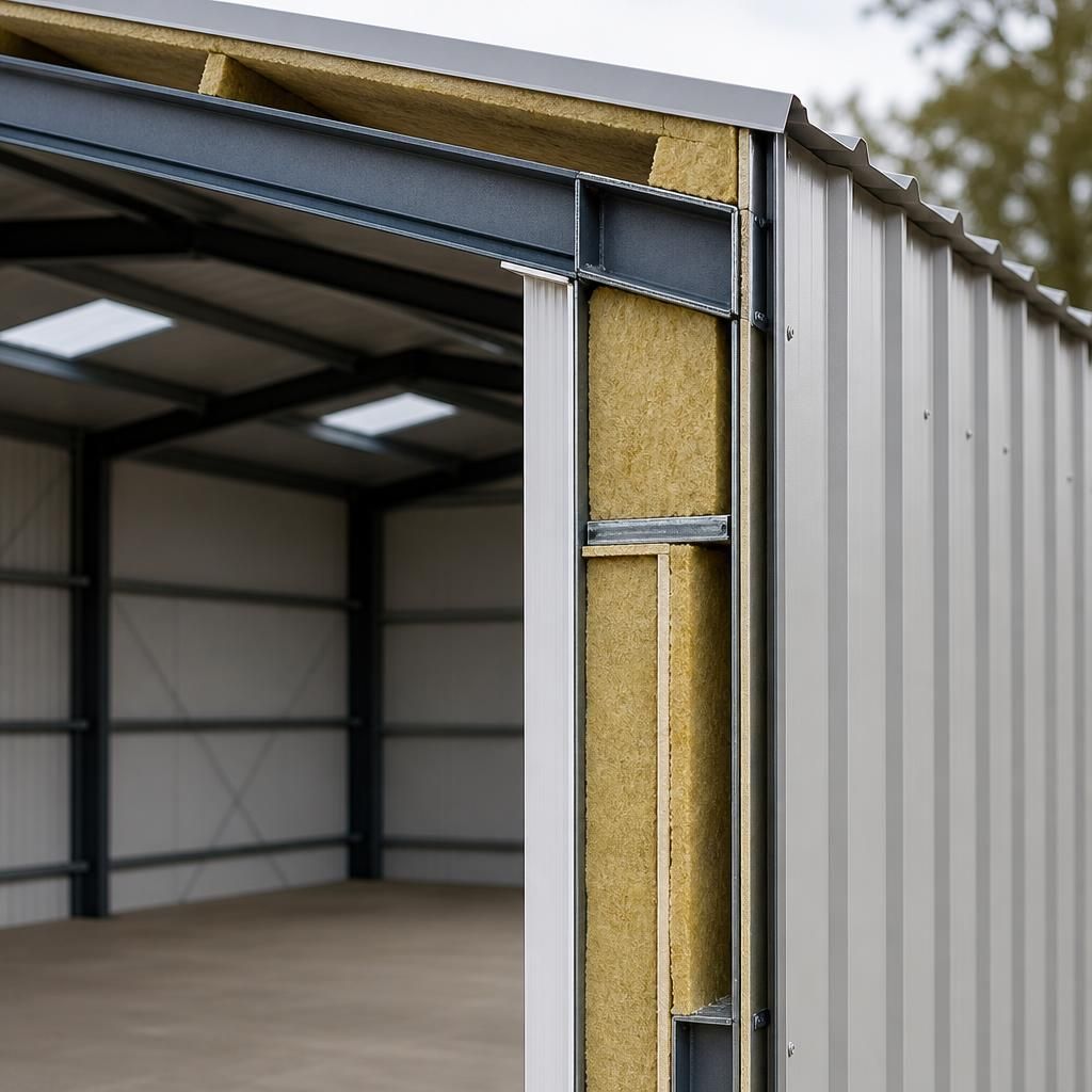 Cross-section showing insulated wall and roof layers in a steel-framed shed