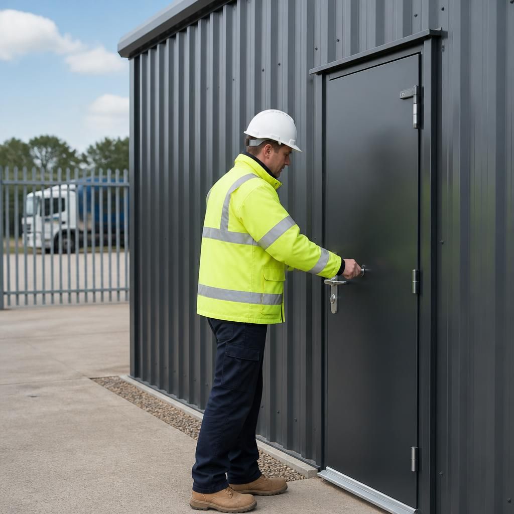 Steel shed personnel door with reinforced frame and external security hardware