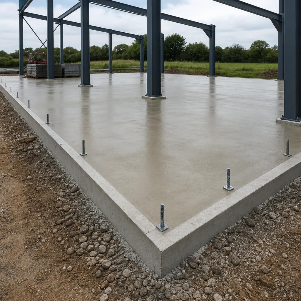 Reinforced concrete slab with steel frame anchor bolts set around its perimeter