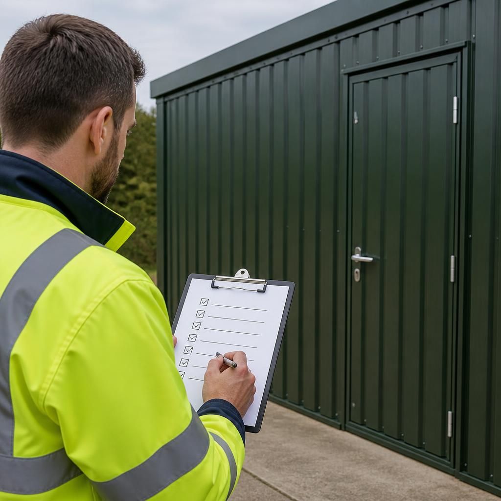 Maintenance checklist beside a heavy duty steel security shed