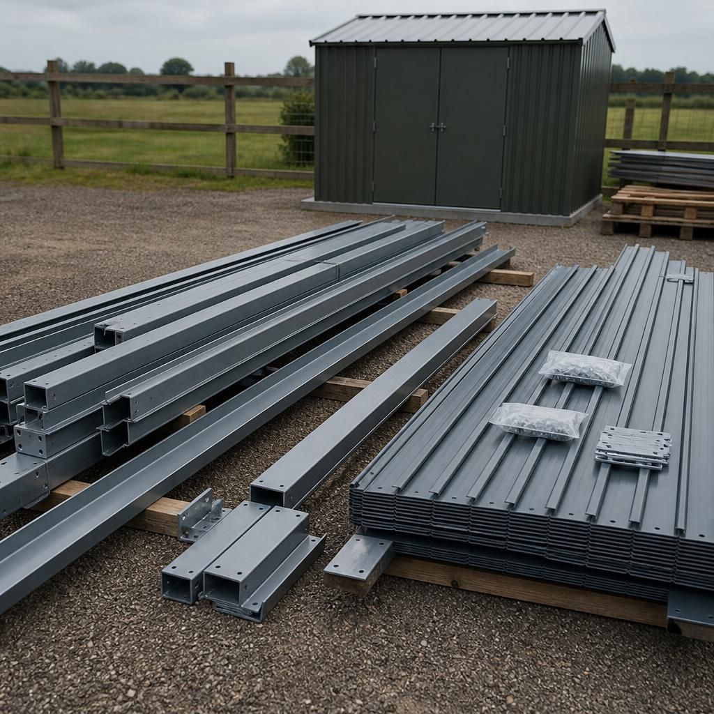 Steel frame components and labelled panels prepared for garden shed assembly