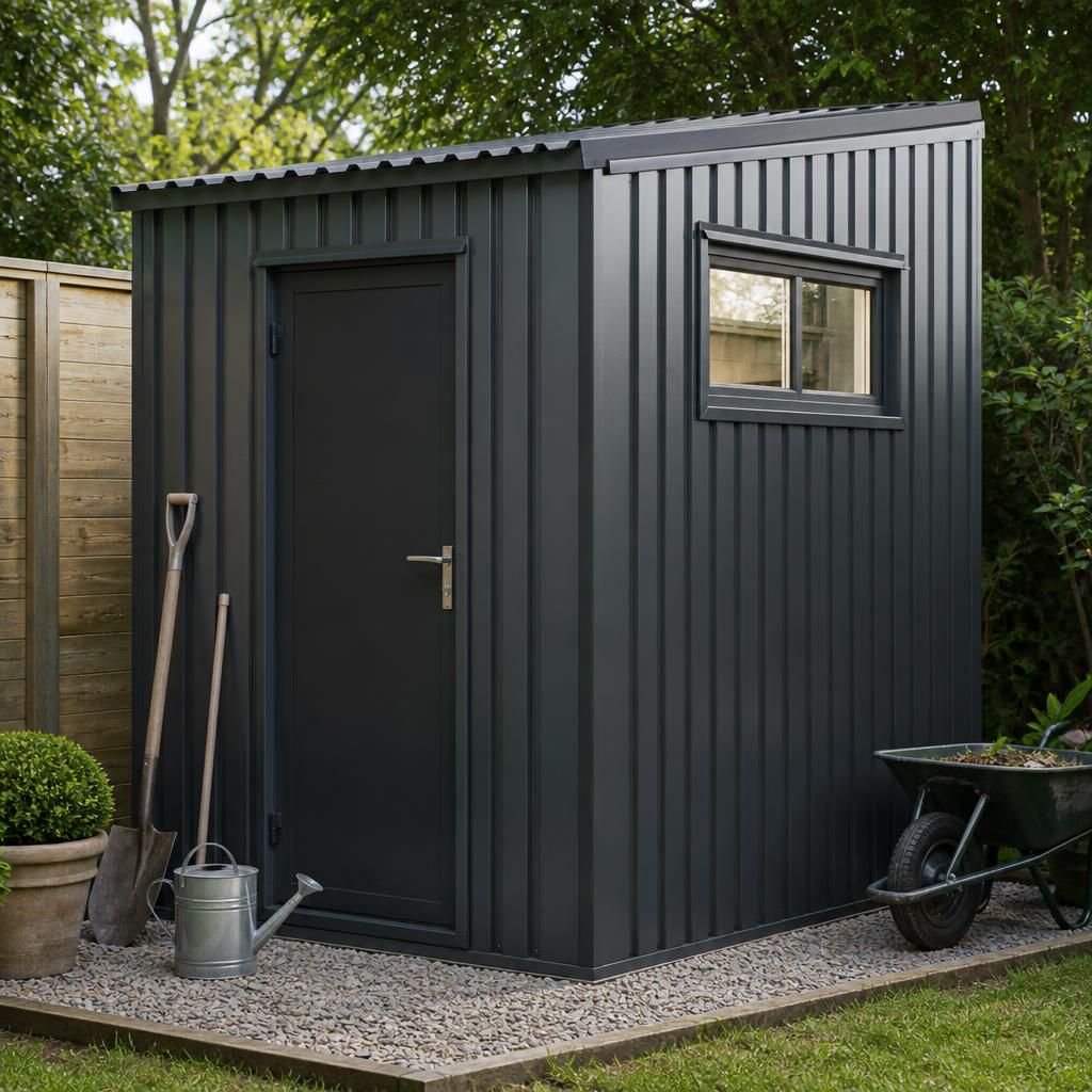 Small steel garden shed with a high-level side window and framed door
