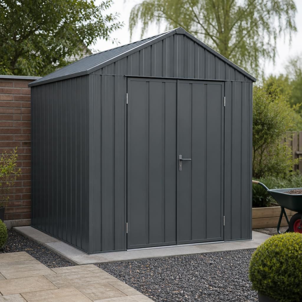 Small steel garden shed with a double hinged door and external handle