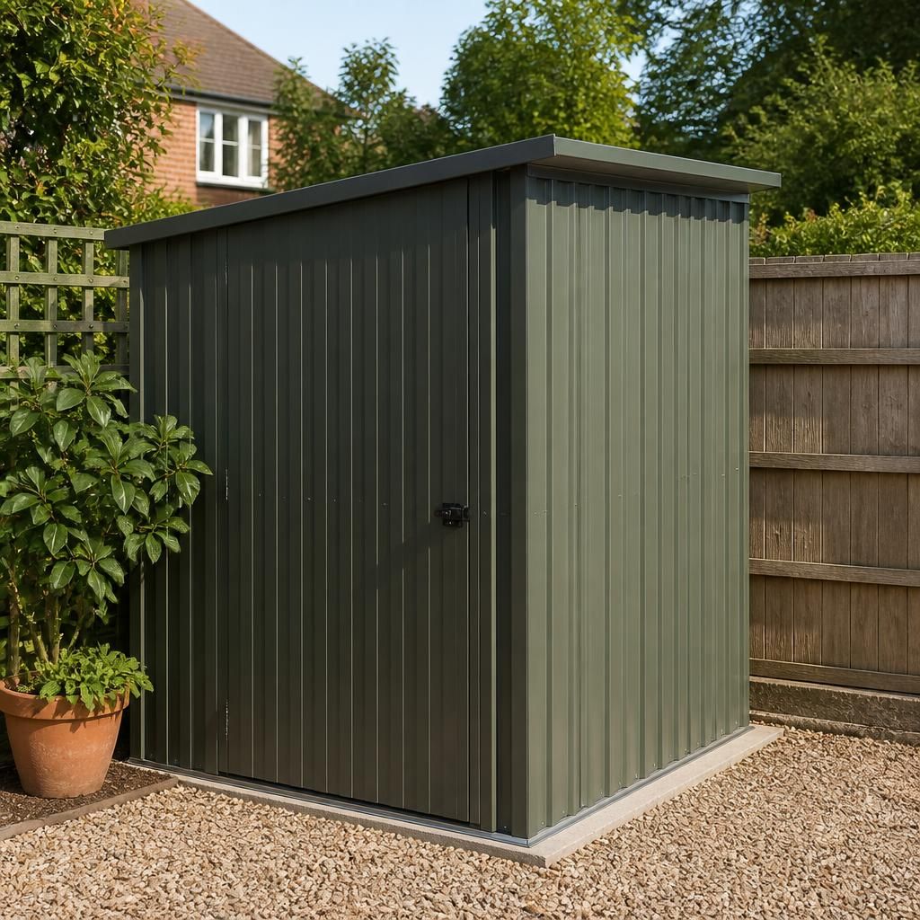 Small steel shed with a single-sloped pent roof beside a garden fence