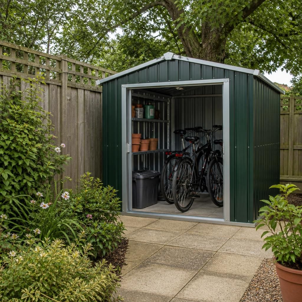 Compact steel garden shed beside a fence with bicycles stored inside