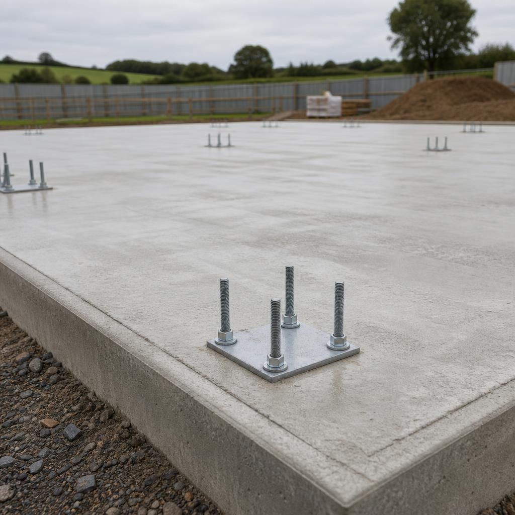 Reinforced concrete slab with anchor bolts ready for steel frame columns
