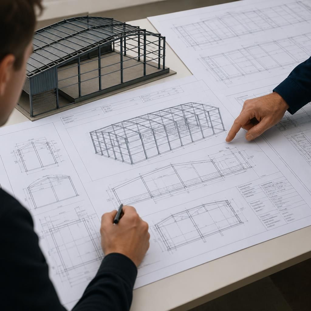 Steel shed design drawings showing frame elevations, roof layout and structural details