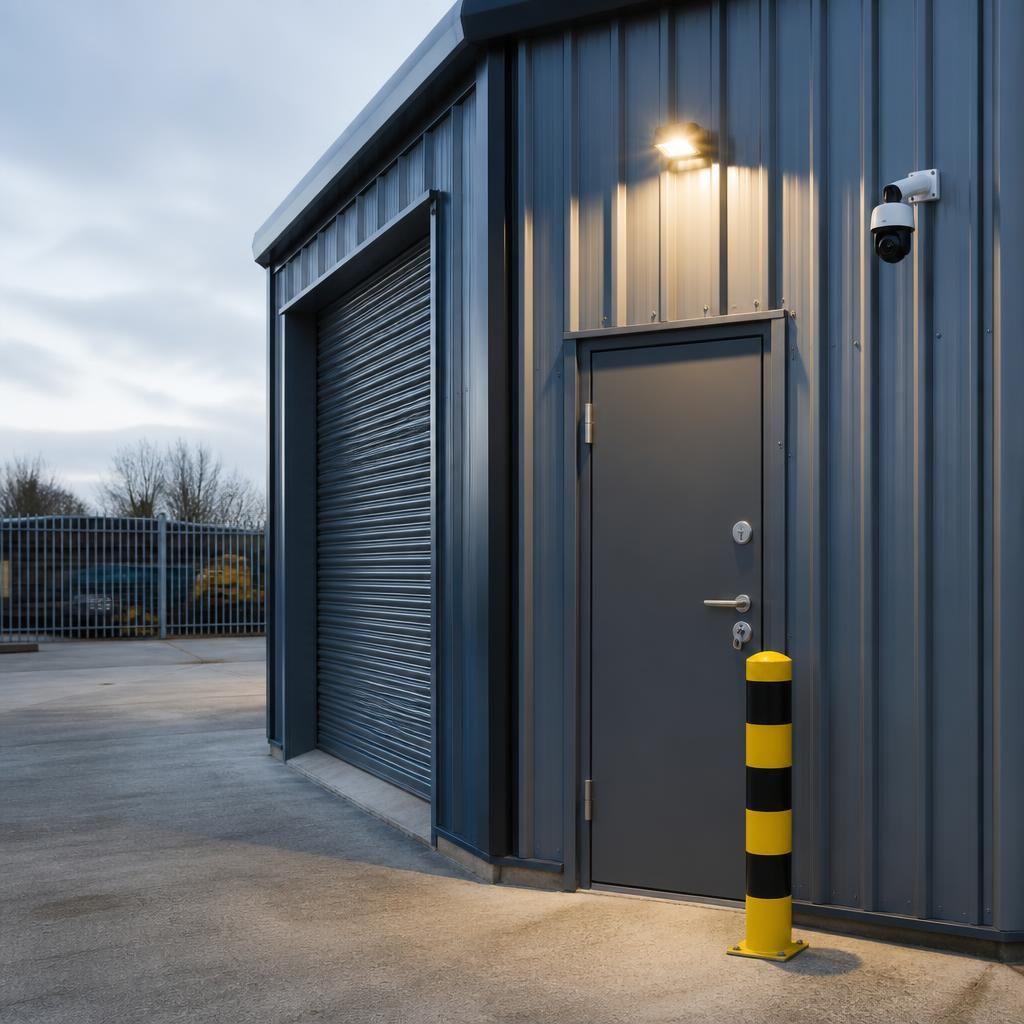 Steel shed entrance with a security camera, external lighting and a reinforced personnel door
