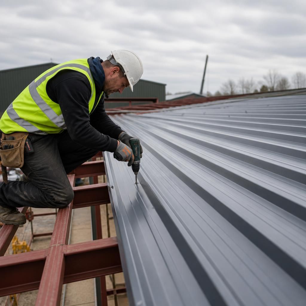 Installer fixing a profiled steel roof sheet to a supporting purlin
