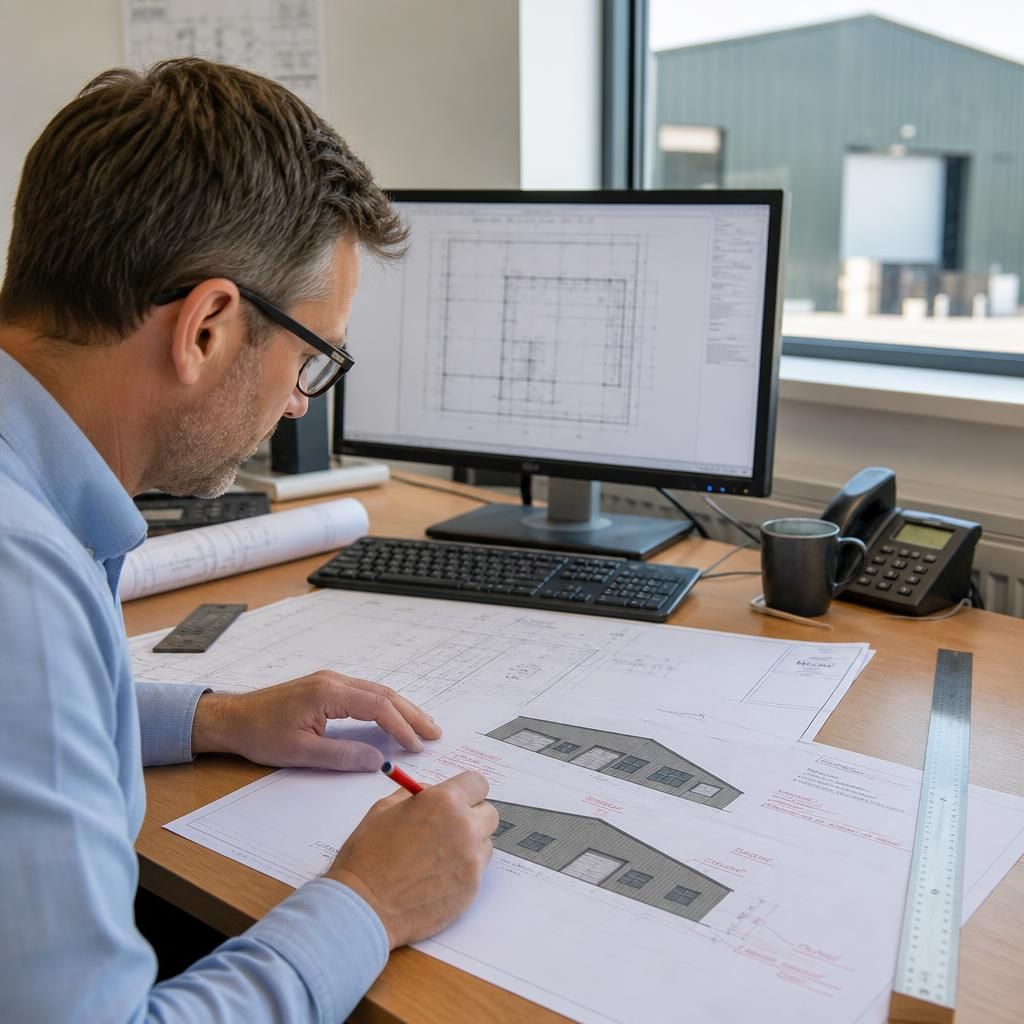 Architect reviewing marked-up roof elevations beside a steel building plan