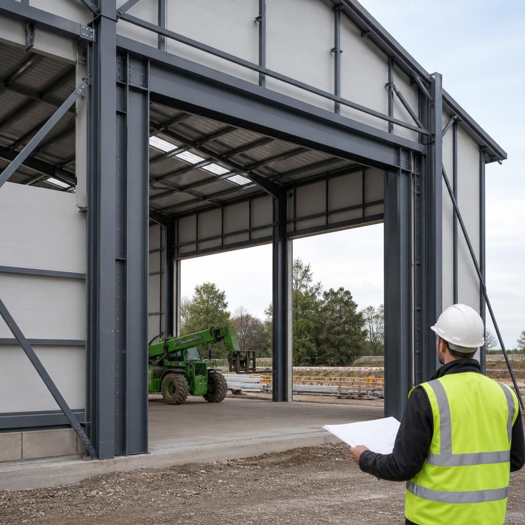 Steel portal frame with a wide vehicle doorway and reinforced jambs