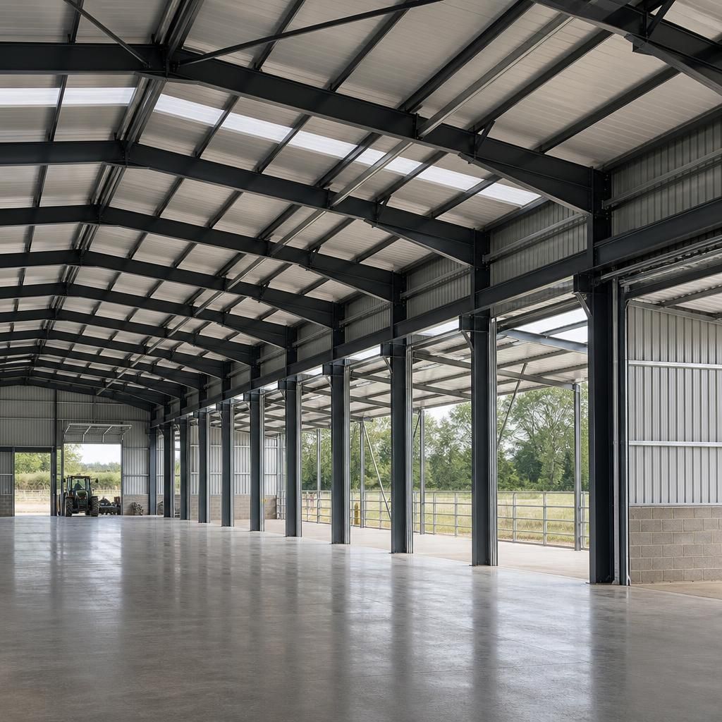Steel portal frame interior showing evenly spaced columns and roof purlins