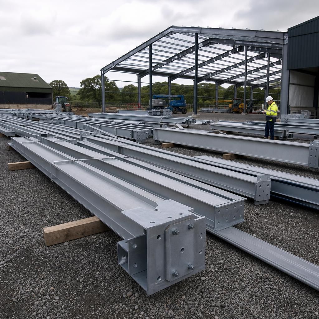 Fabricated steel portal frame sections arranged for building assembly