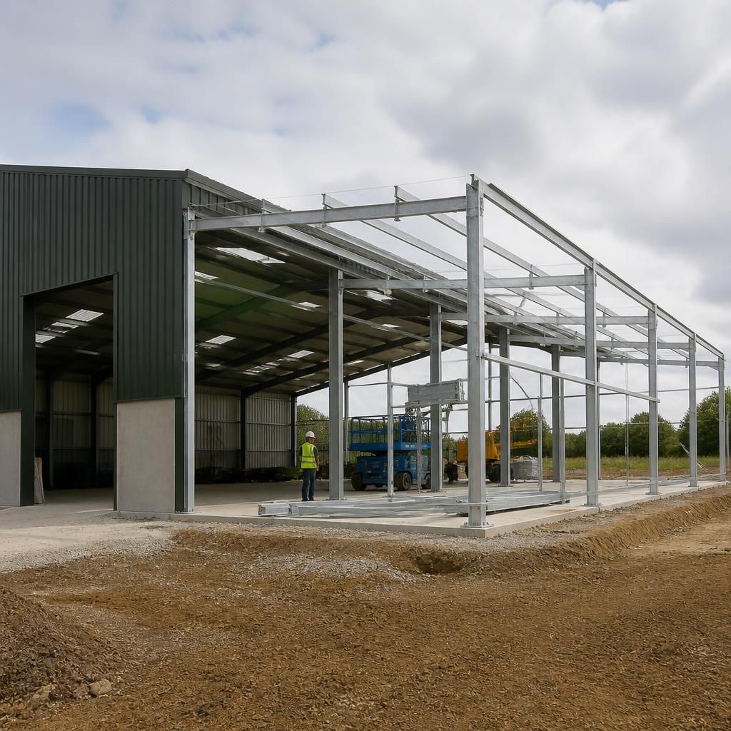 Steel portal frame building with an attached extension under construction