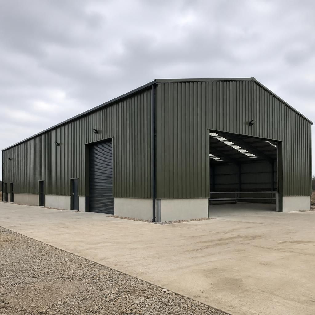 Portal frame building with profiled steel wall and roof cladding panels