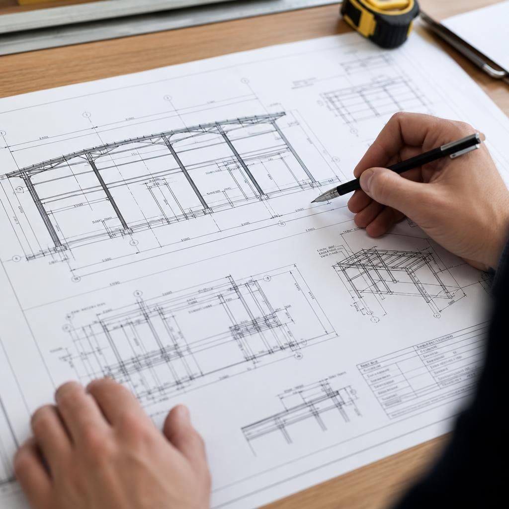 Portal frame construction plans showing steel frame elevations and building dimensions