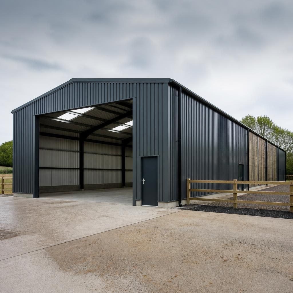 Portal frame building with profiled steel wall and roof cladding