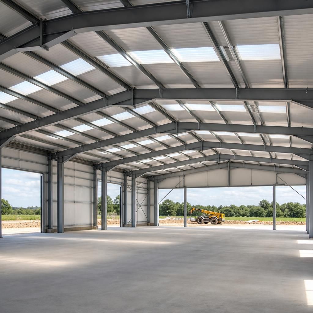 Steel portal frame with wide open internal span and roof rafters