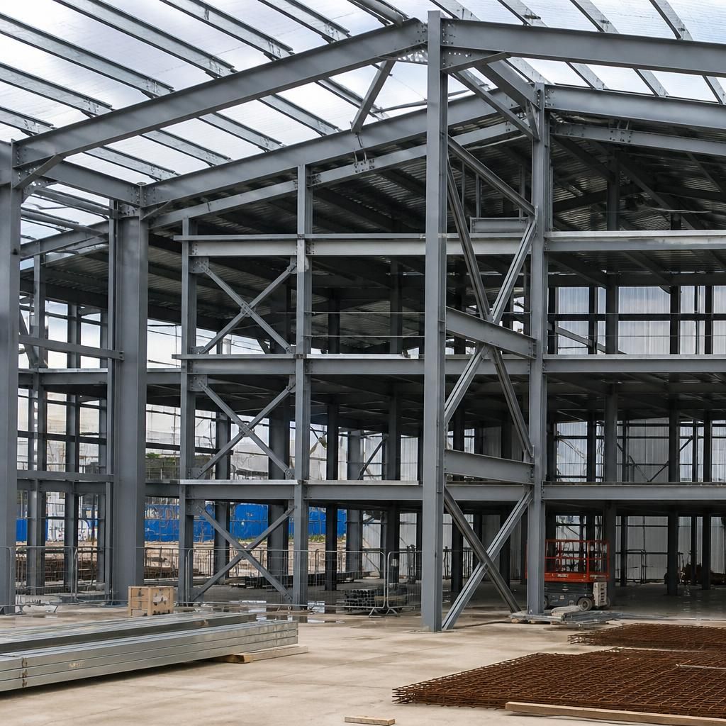 Steel frame with irregular roof geometry, internal floors and multiple structural openings