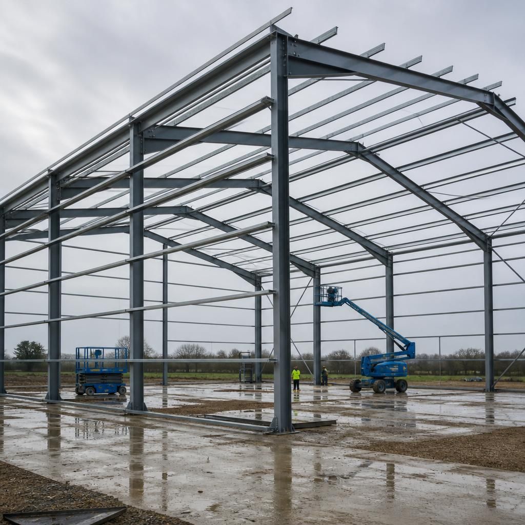 Steel portal frame under construction with roof purlins, wall rails and diagonal bracing visible