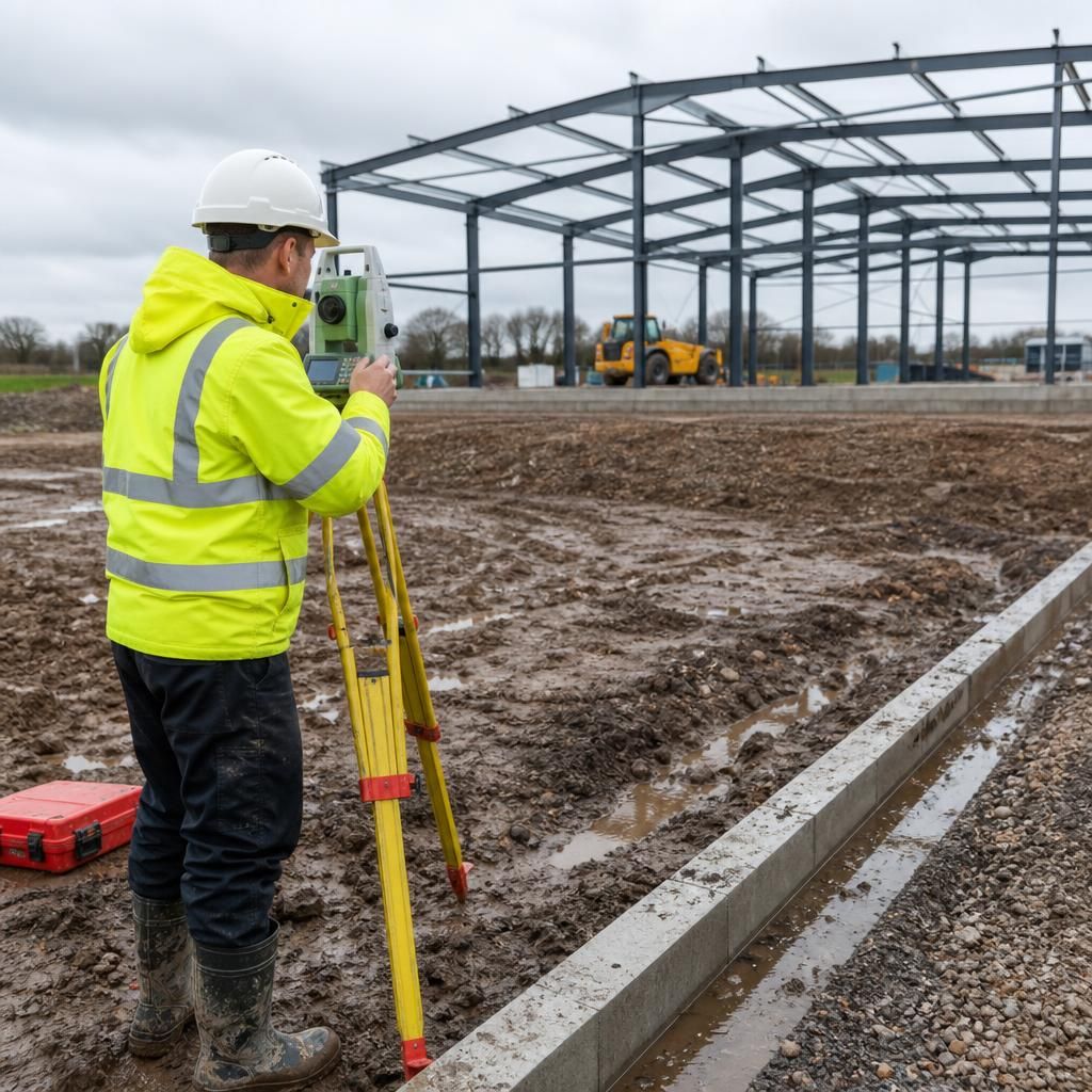 Surveyor checking ground levels and drainage routes on a building site