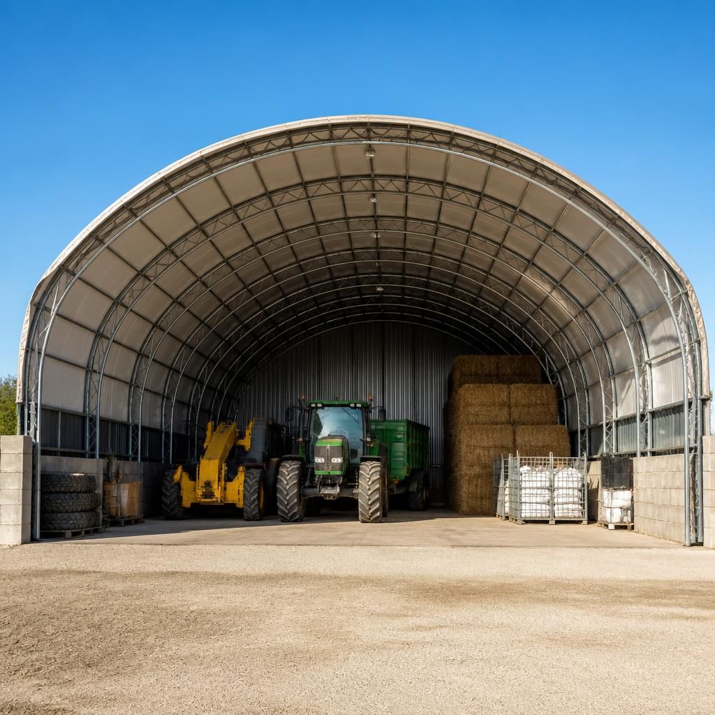 Steel arch building enclosing agricultural machinery and stored materials