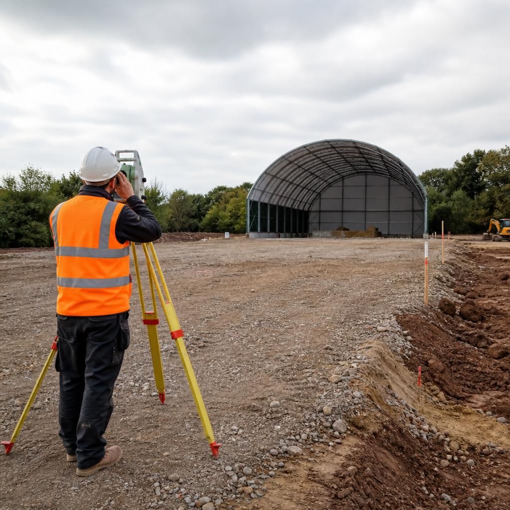 Surveyor measuring ground levels on a proposed steel arch building site