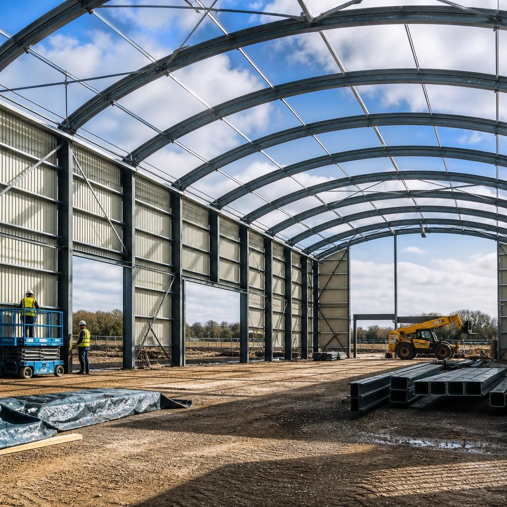 Steel arch frame showing door openings, bracing and cladding connections
